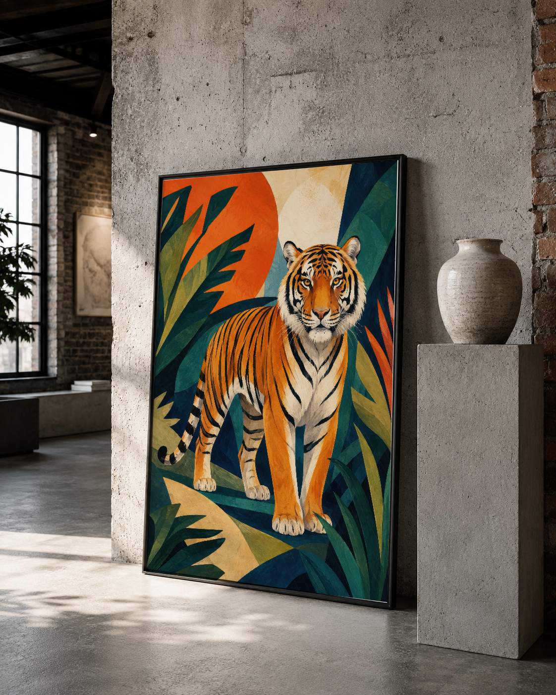 Sanat deco tarzında, siyah çerçeveli kaplan tablosu modern endüstriyel mekanda sergileniyor.