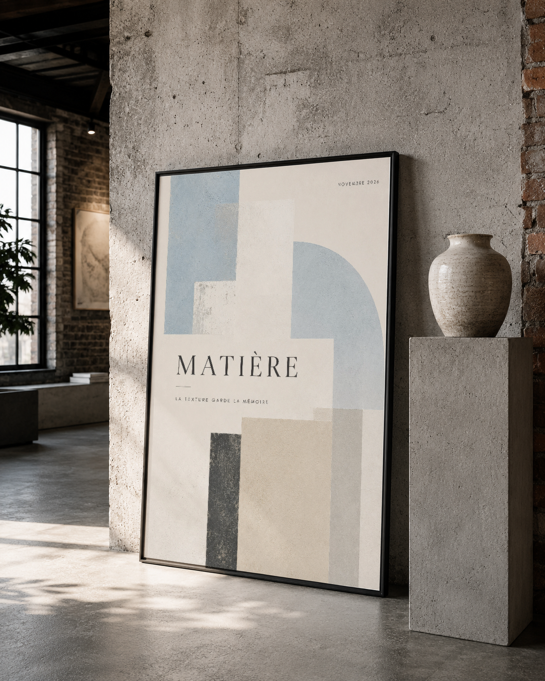 Matte siyah çerçeveli Matière posteri, sade loft mekanında beton duvar yakınında sanat yönelimleri vurgularken durması.