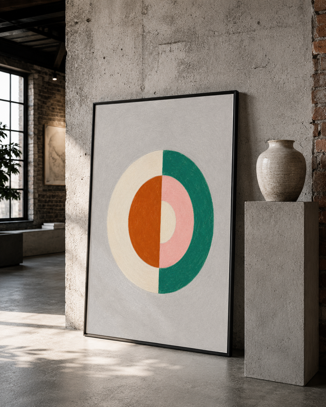 Turuncu, yeşil ve pembe tonlarındaki geometrik çemberin yer aldığı poster, loft stiliyle tamamlanmış modern alanlara uyum