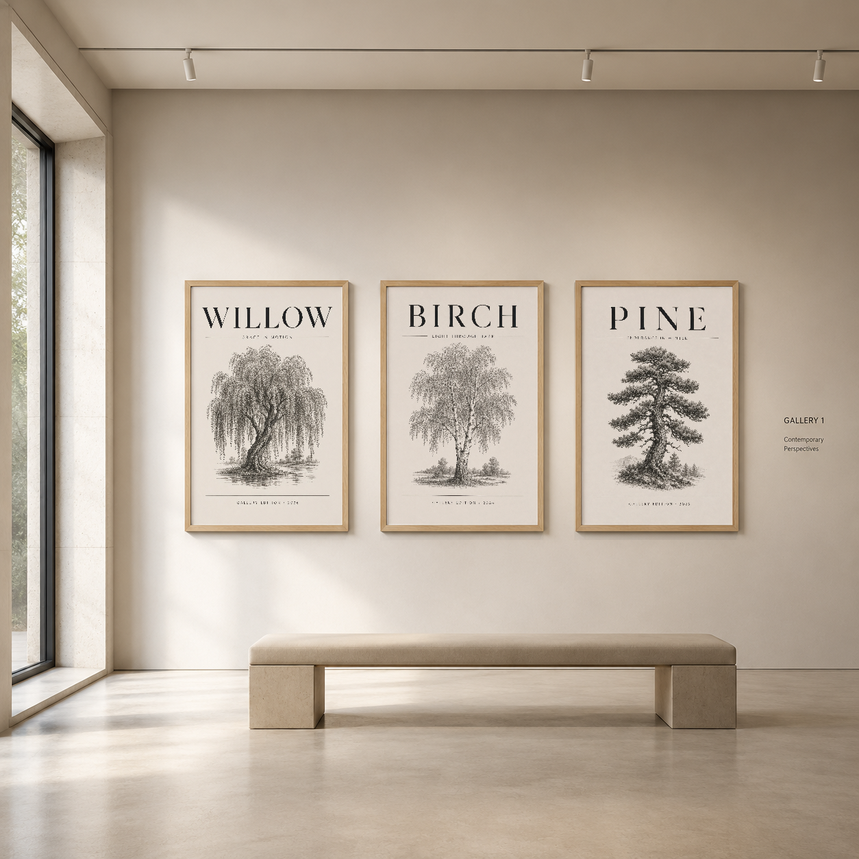 Açık naturel çerçeveli üç parça ağaç görselleri seti, minimalist modern galeri duvarında sergileniyor.