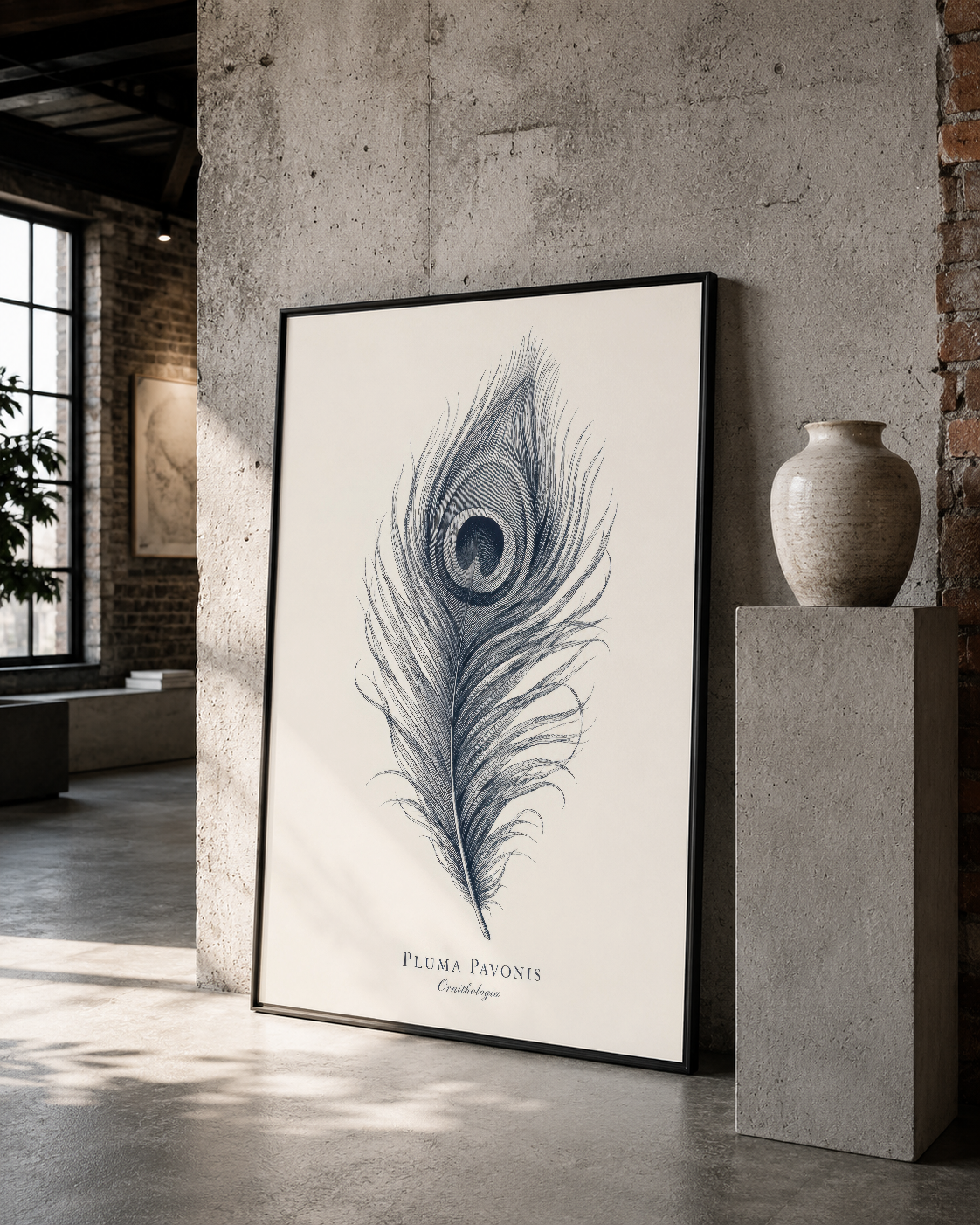 Siyah çerçeveli tavus kuşu tüyü poster, loft stilinde grungy duvarında çarpıcı görsel odak noktası.