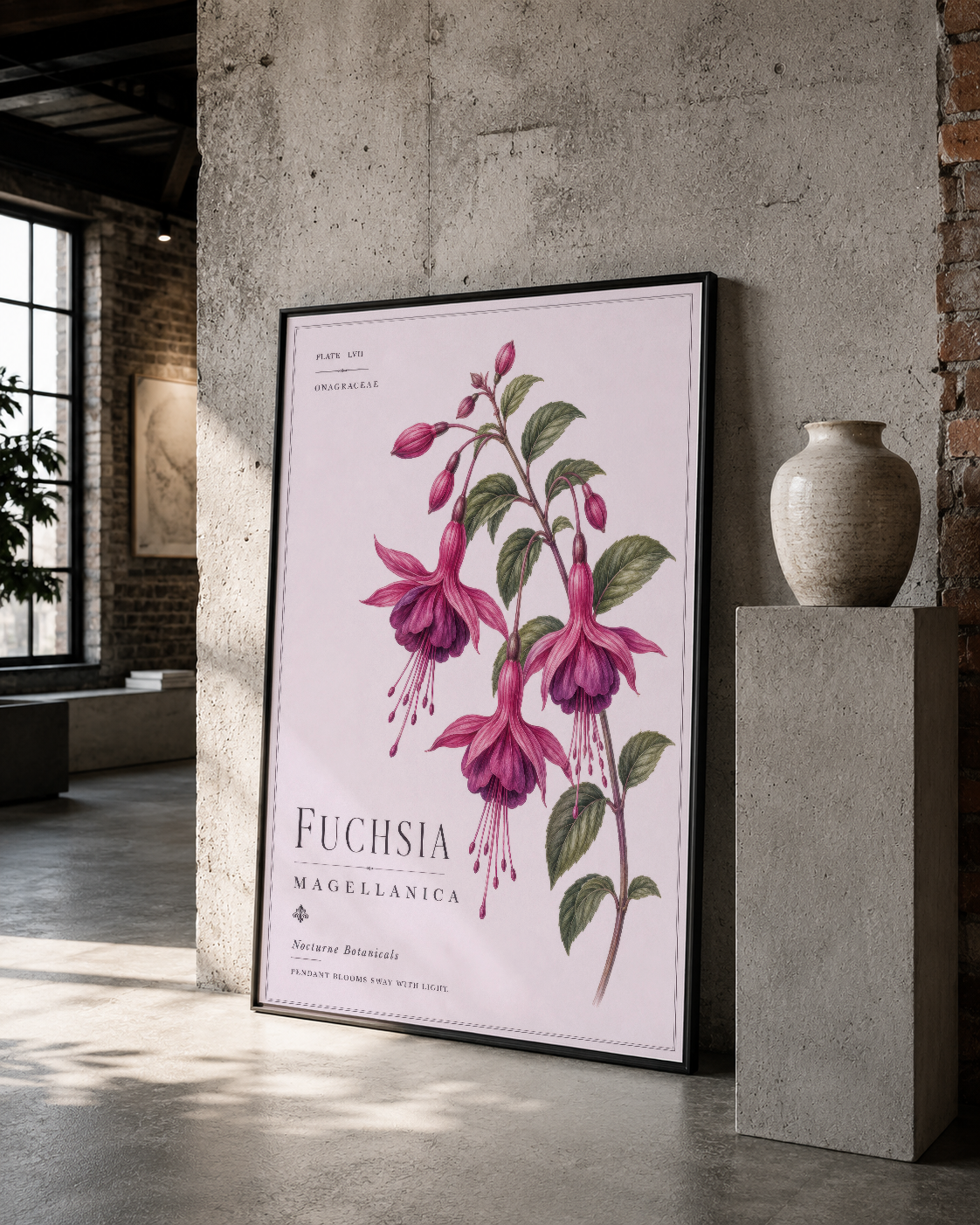 Pembe fuchsia çiçek baskısı, siyah çerçeveli, çimento duvarlar ve sanat nesneleriyle loft tarzı mekanı tamamlayan tablo.