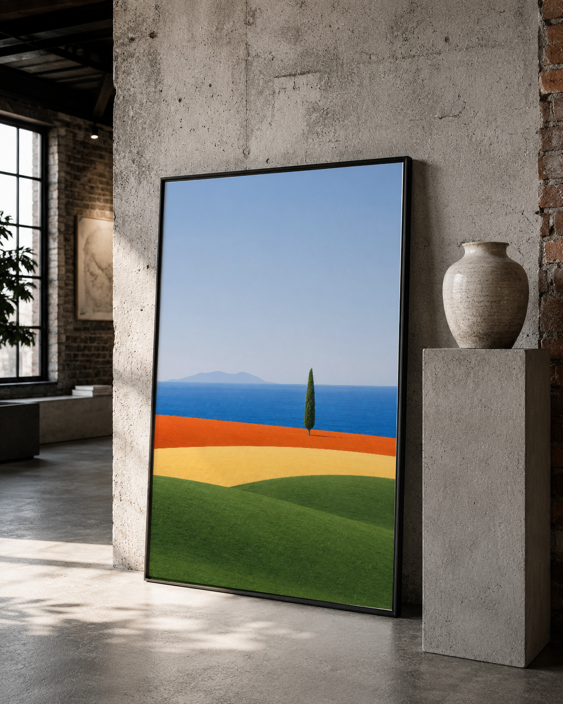 Siyah çerçeveli sanat tablosu, endüstriyel mekanda sergilenen Tuscan manzarası tasarımı.