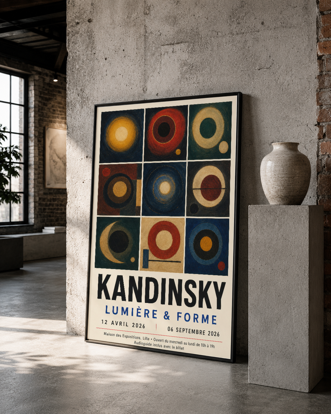 Soyut geometrik daireler ve renkler içeren Kandinsky tablosu, siyah çerçevede, loft stilinde tuğla duvara asılı.