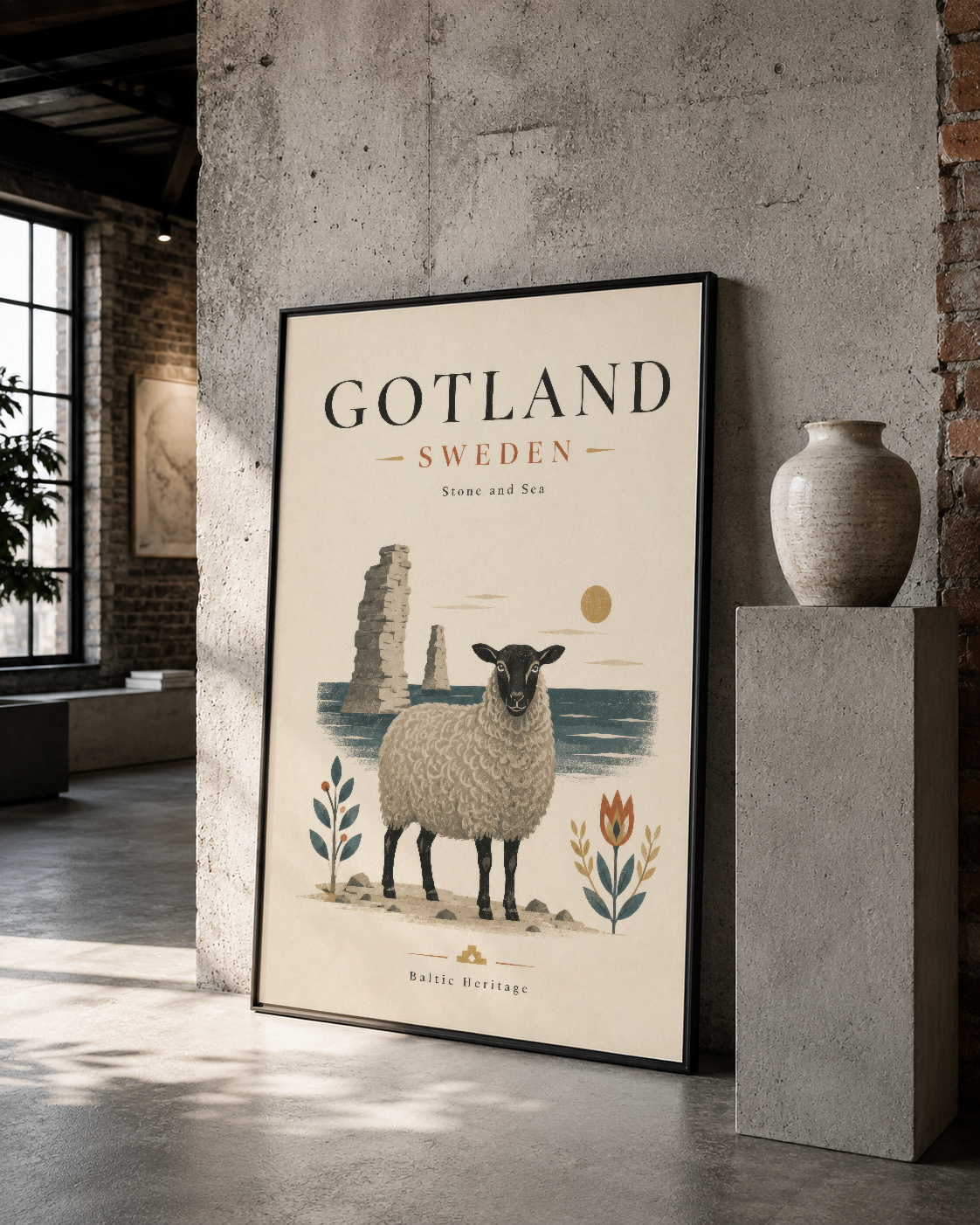 Siyah çerçeveli Gotland İsveç posteri, koyun ve deniz manzarası ilustrasyonlu duvar tablosu.