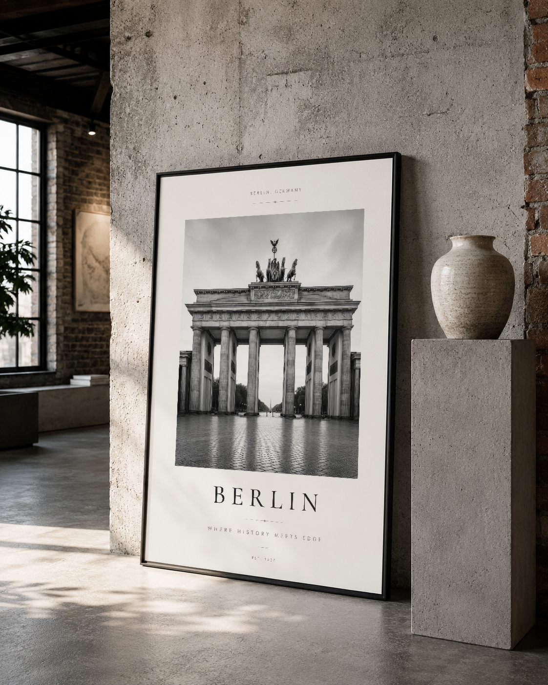 Brandenourg Kapısı'nın atmosferik siyah-beyaz fotoğrafıyla hazırlanan poster, siyah çerçevede loft stilinde sergileniyor.