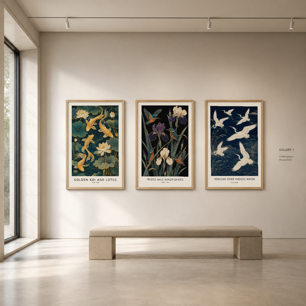 Galeride sergilenen, çerçeveli tasarımı vurgulayan, doğa ve hayvan motifli üç panelli vintage tablo koleksiyonu.
