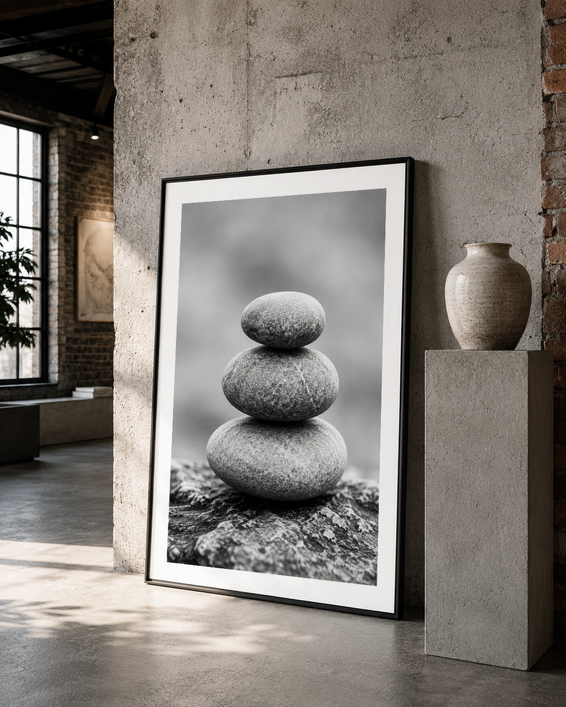 Üst üste yerleştirilmiş kaya taşları sanat tablosu, siyah çerçeveliyle betonlu mekanda zen ruhu yansıtıyor.