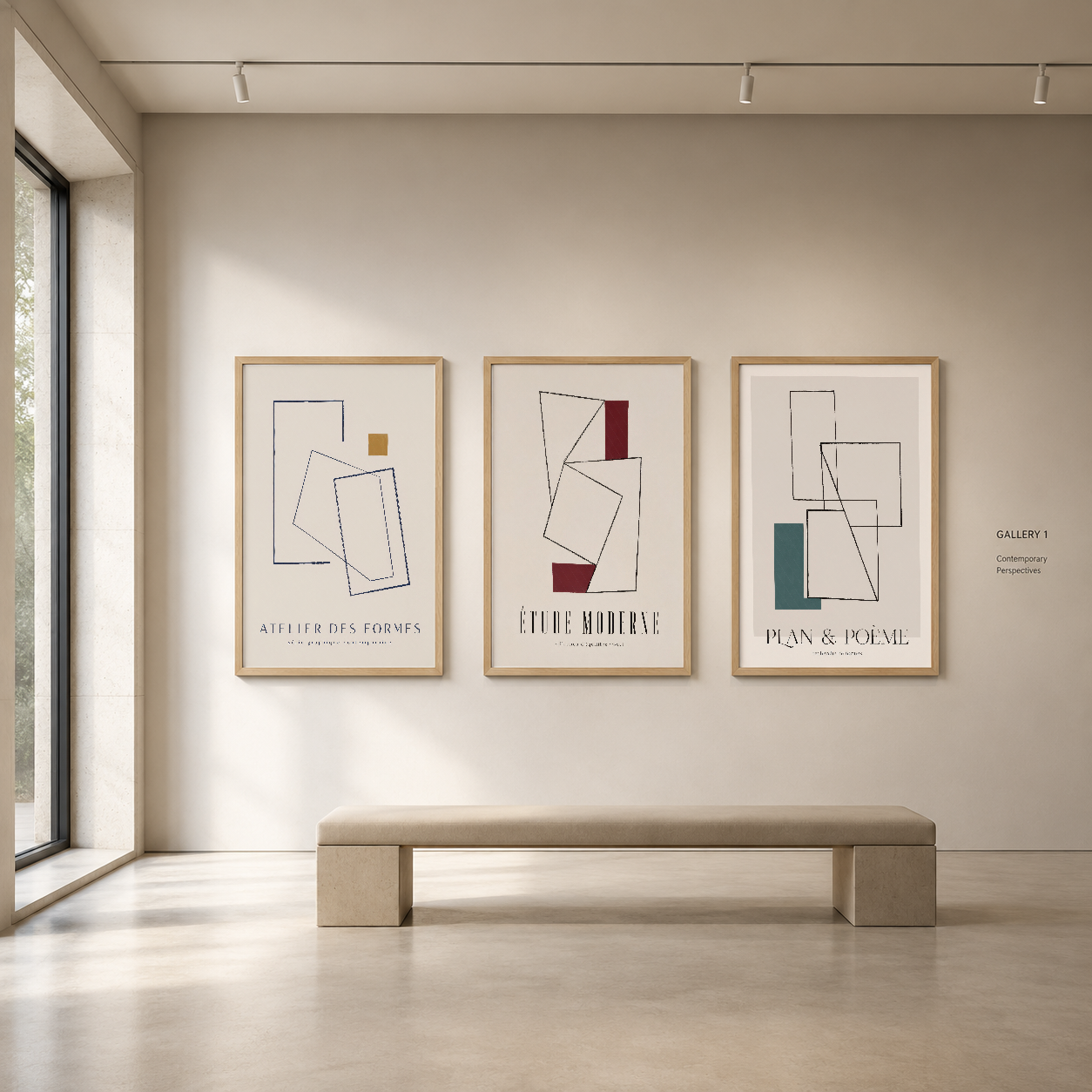 Ahşap çerçeveli soyut geometrik tablo üçlüsü, galeriye benzer bir mekanın duvarında sergileniyor.