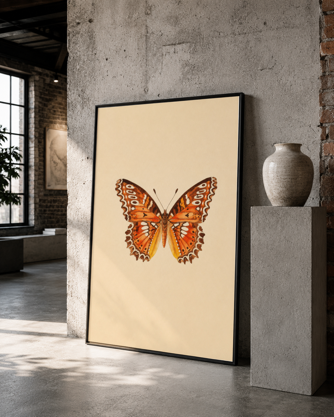Siyah çerçeveli kelebek posteri, endustrial loft ortamında sanat ve tasarım duygusunu güçlendiriyor.