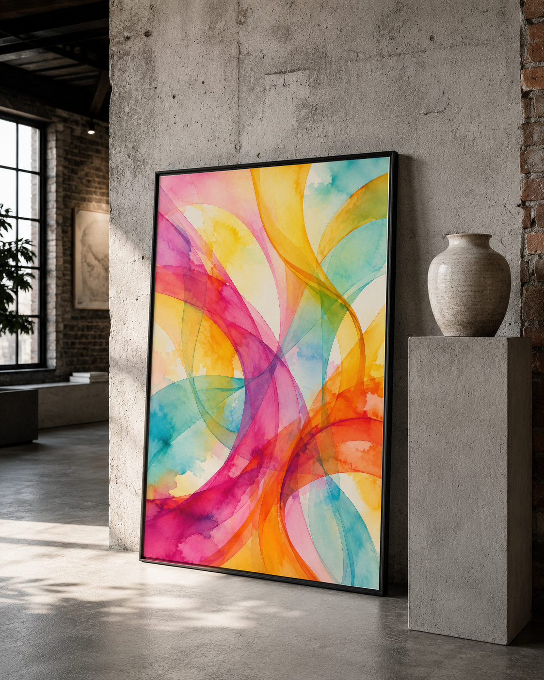 Siyah çerçeveli, canlı renk geçişleri ile soyut spiral desenli dekoratif duvar tablosu.