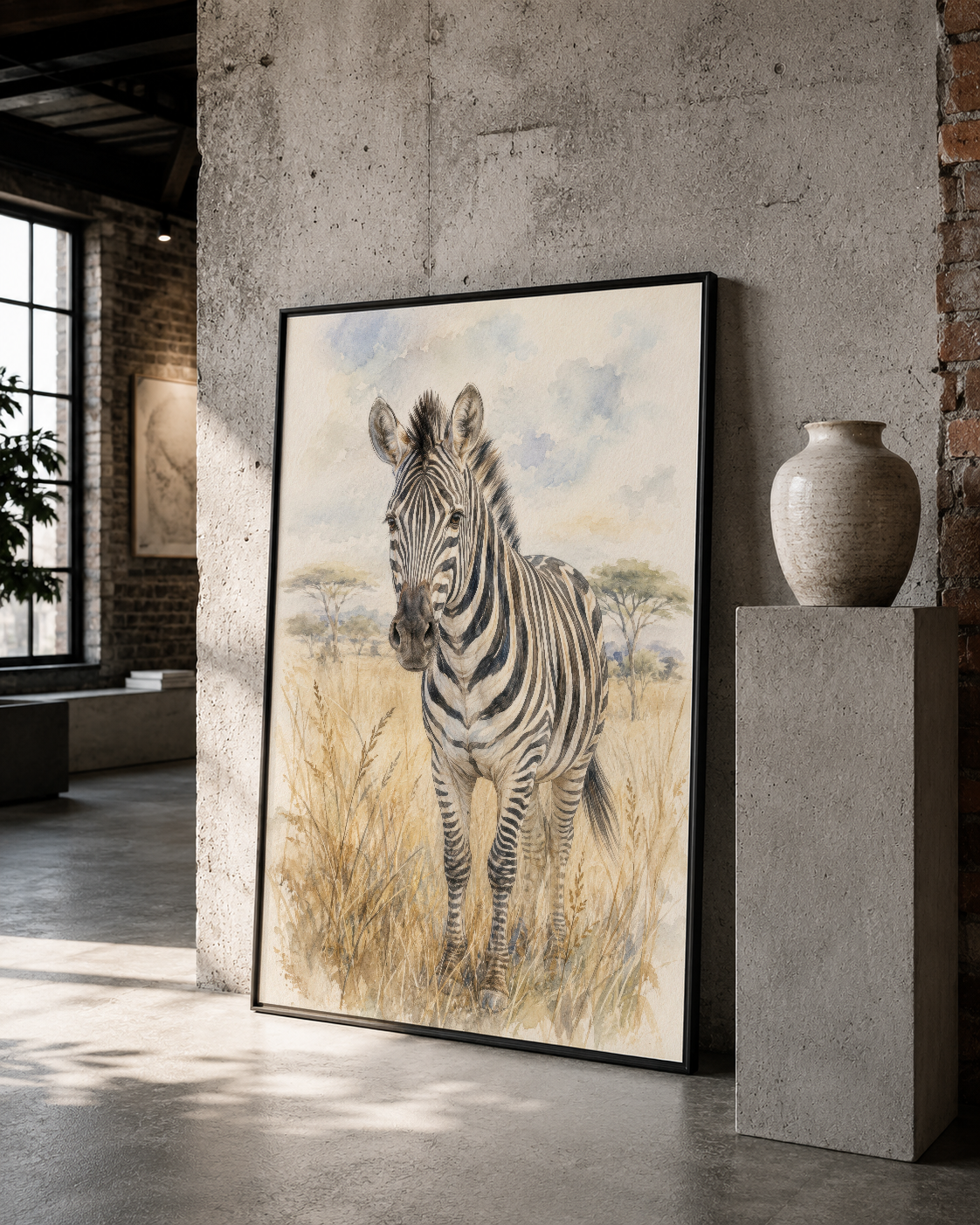Çayırlar arasında duran zebra figürü, siyah çerçevede yer alan sanat tablosu.