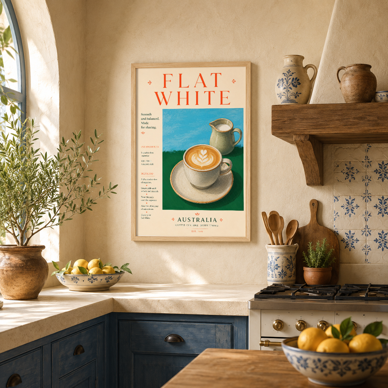 Retro Flat White tablosu, sıcak mimar stilinde tasarlanmış, ahşap çerçeve içinde rustik mutfakta sergilenen poster.