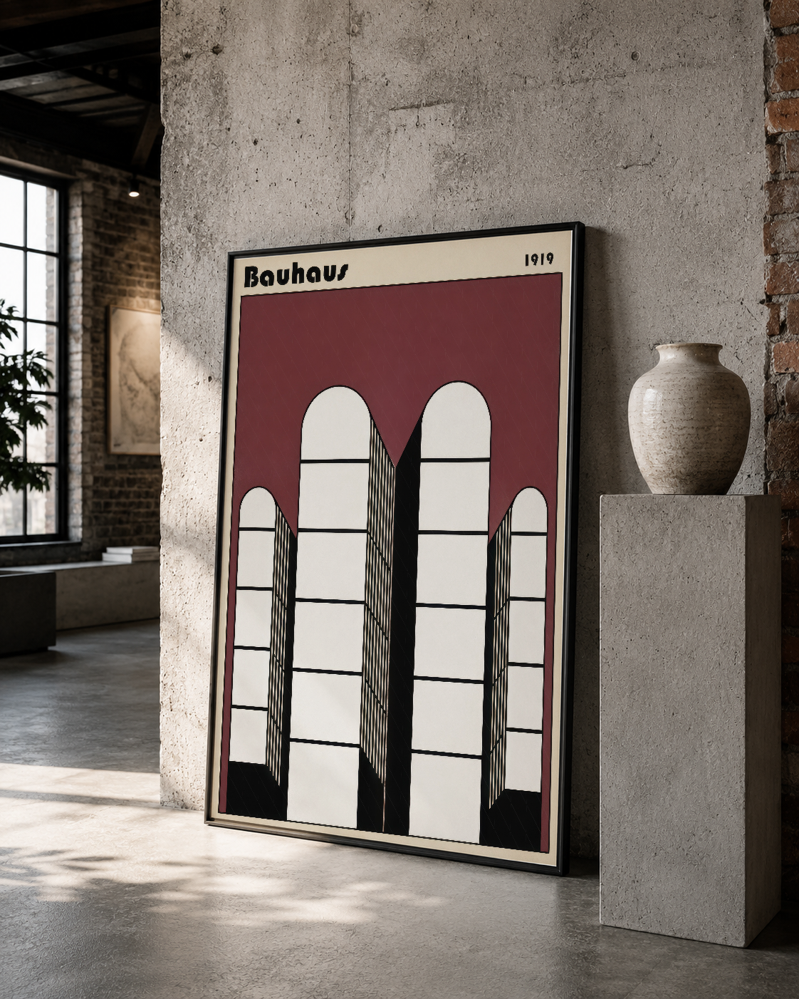 Klasik Bauhaus mimarisinden ilham alan pencere tablosu, siyah çerçevede bordo ve beyaz renkler, loft dekorasyonuna ideal.
