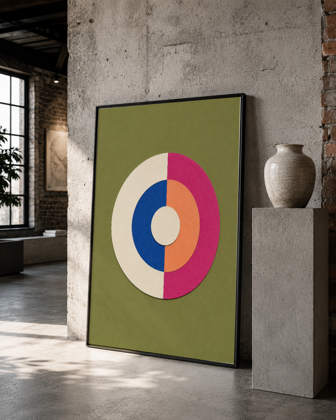 Retro geometrik tasarımlı poster, siyah çerçevesiyle endüstri stilindeki dekorasyon ortamında dikkat çekiyor.