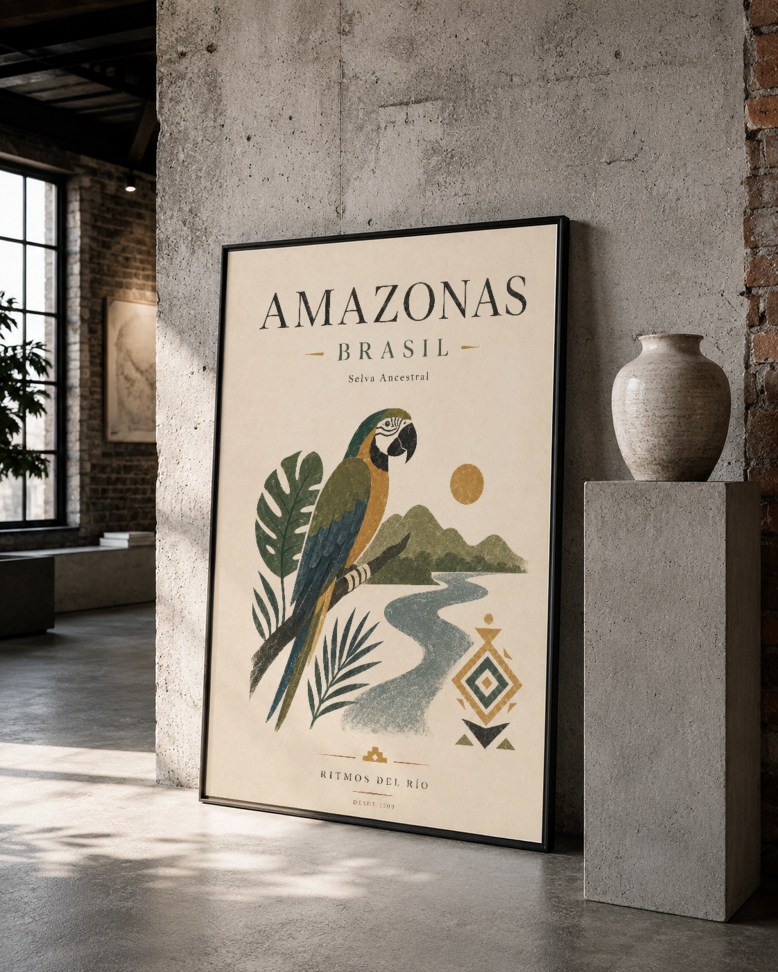 Siyah çerçeveli Amazonas Brasil tablosu, tropikal sanat ve geometrik detaylarıyla minimalist alanları canlandıran poster.