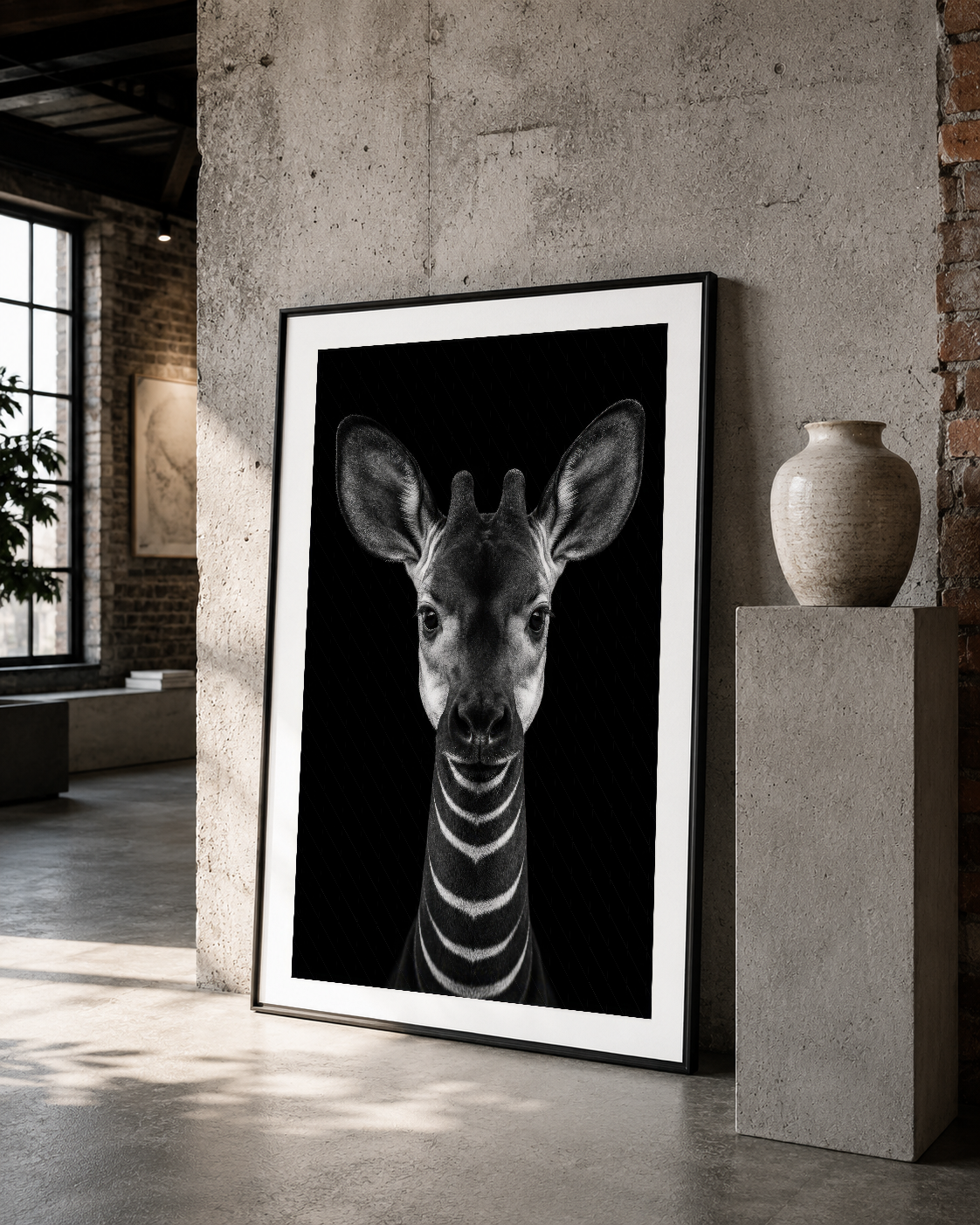 Zebra yüzü portresi, siyah arka plan, siyah çerçevede, betonlu endüstriyel iç mekanda.