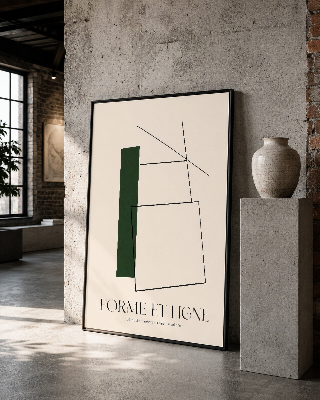 Siyah çerçeveli minimalist Forme et Ligne posteri, beton duvarı olan loft tarzı ortamda sanat dekorasyon.