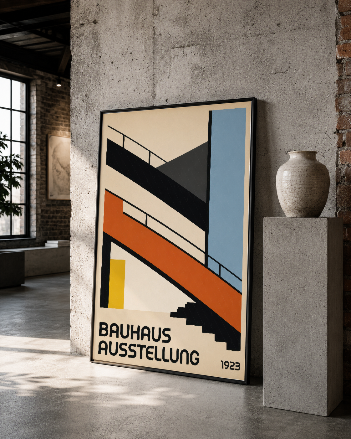 Bauhaus ikonik tasarımı, gri duvar üzerine monte siyah çerçeveli modern sanat tablosu.