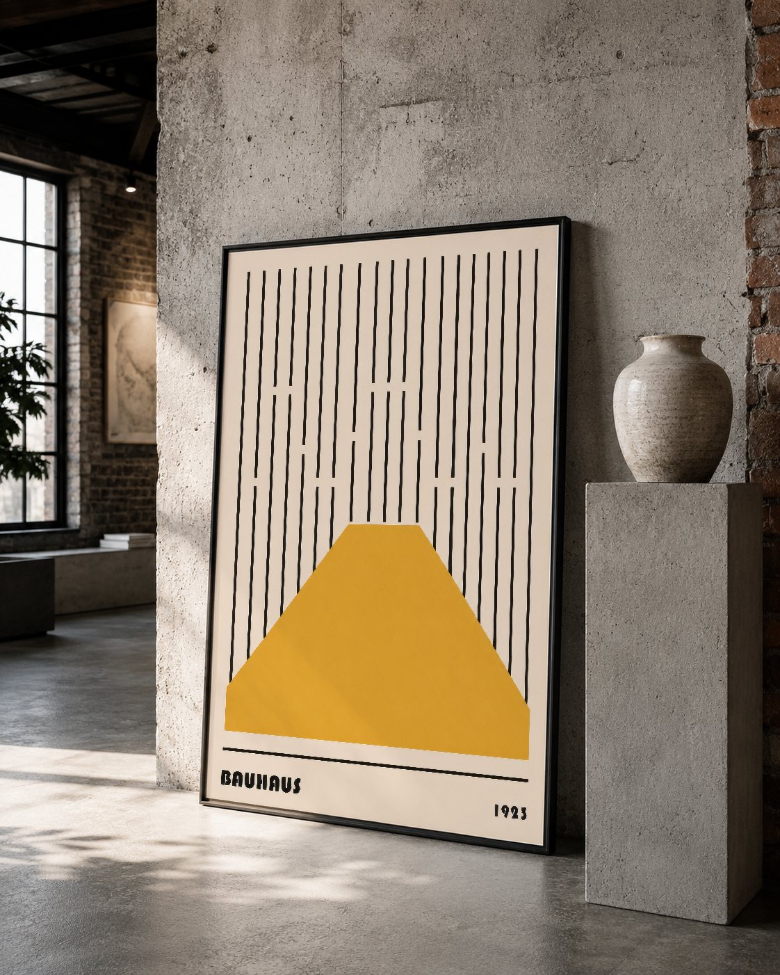 Bauhaus estetikli siyah çerçeveli tablo, dikey çizgiler ve sarı dağ formuyla dekoratif duvar aksesuarı.