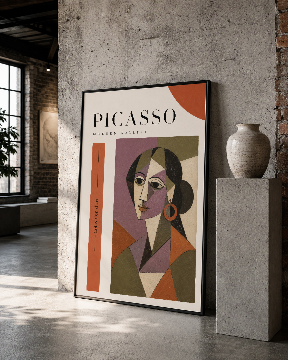 Siyah çerçeveli Picasso Modern Gallery tablosu, endüstriyel ortamda minimalist tarzda sergilenen göz alıcı sanat eseri.