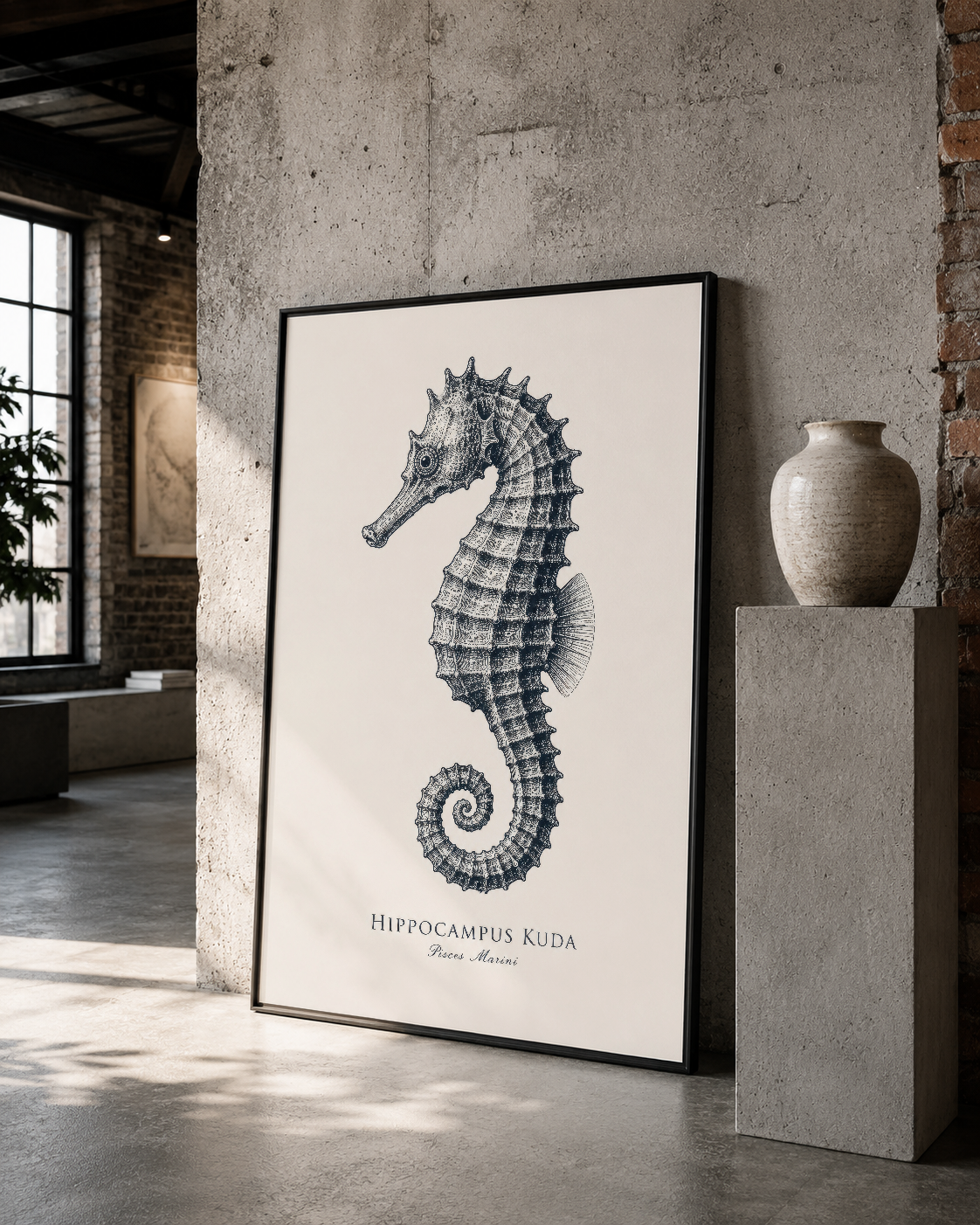 Deniz atı anatomik illüstrasyonu, siyah çerçeveli poster loft tarzı mekanda dekoratif heykelin yanında sergileniyor.
