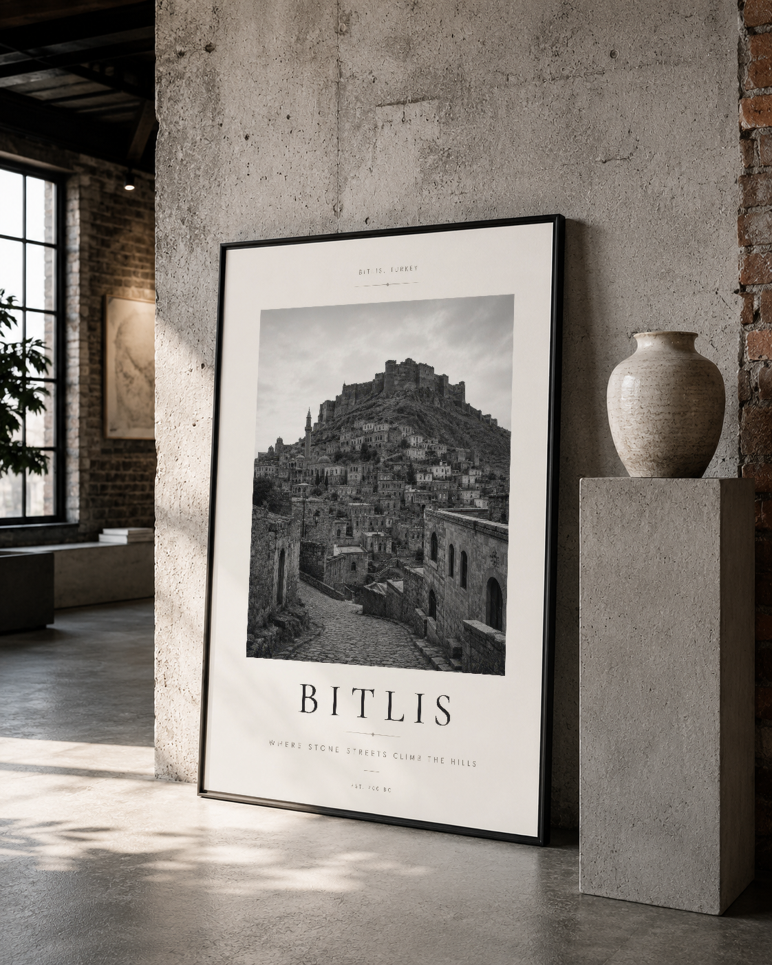 Bitlis'in mimari zenginliği, siyah çerçeveli duvar tablosu, beton ve tuğla iç mimaride sanat eseri olarak sergileniyor.