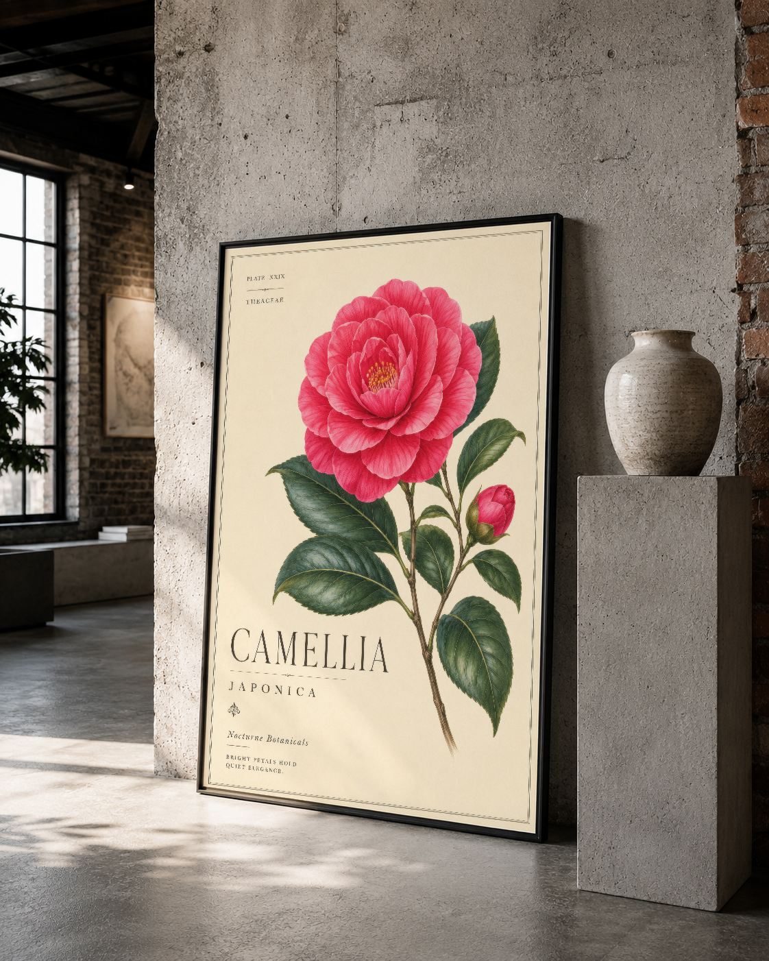 Siyah çerçeveli kamelya çiçeği posteri, loft stilinde beton yapı ve seramik dekorasyonlarla çevrelenerek sergilenen sanat