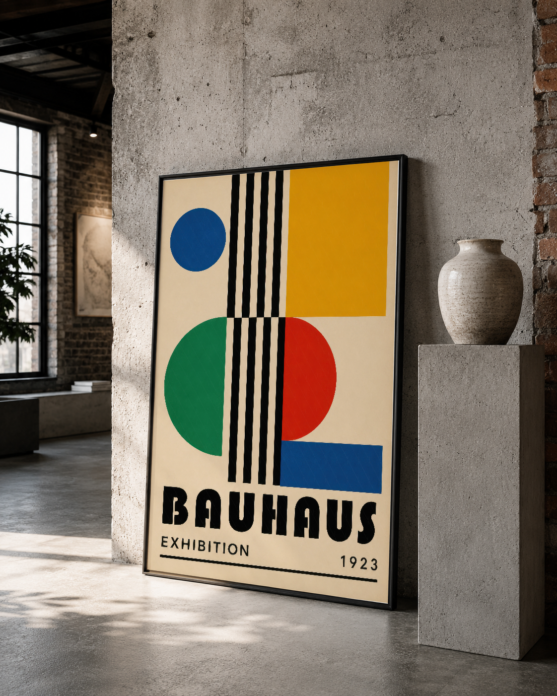 Siyah çerçeveli Bauhaus poster, daireler ve dikey çizgilerle yapılandırılmış sanat tablosu.