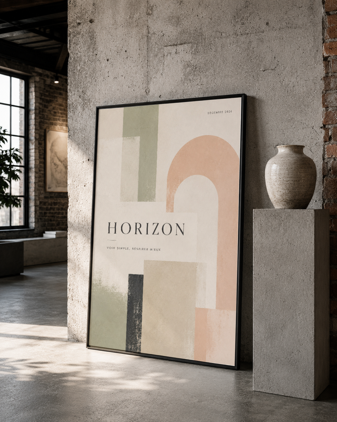 Soyut Horizon tablosu, sade çizgiler ve krem-pembe renklerle beton duvar üzerine siyah çerçevede asılı.