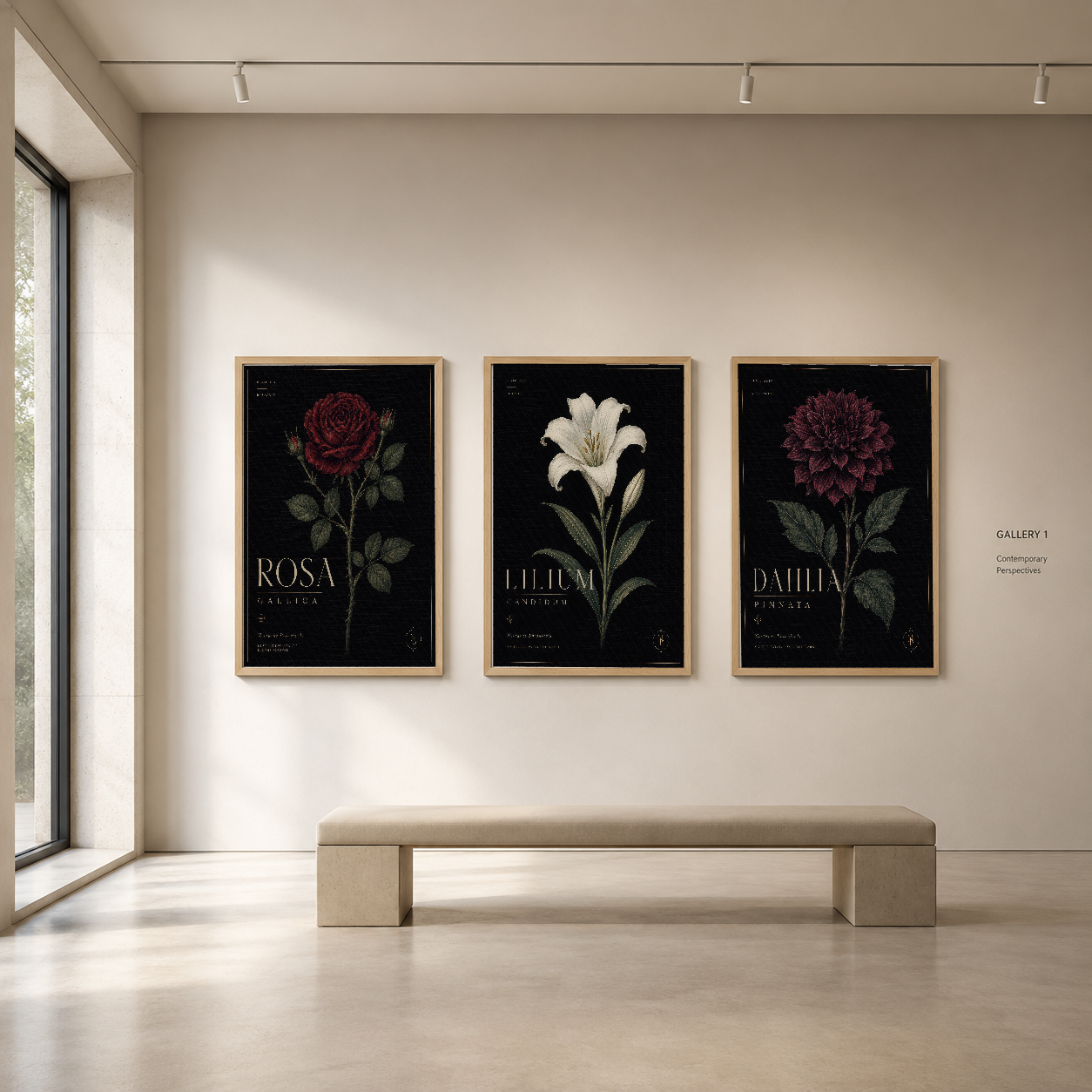 Doğal ahşap çerçeveli, siyah arka planlı botanik çiçek tabloları galeride sergilenen sanatsal koleksiyon.