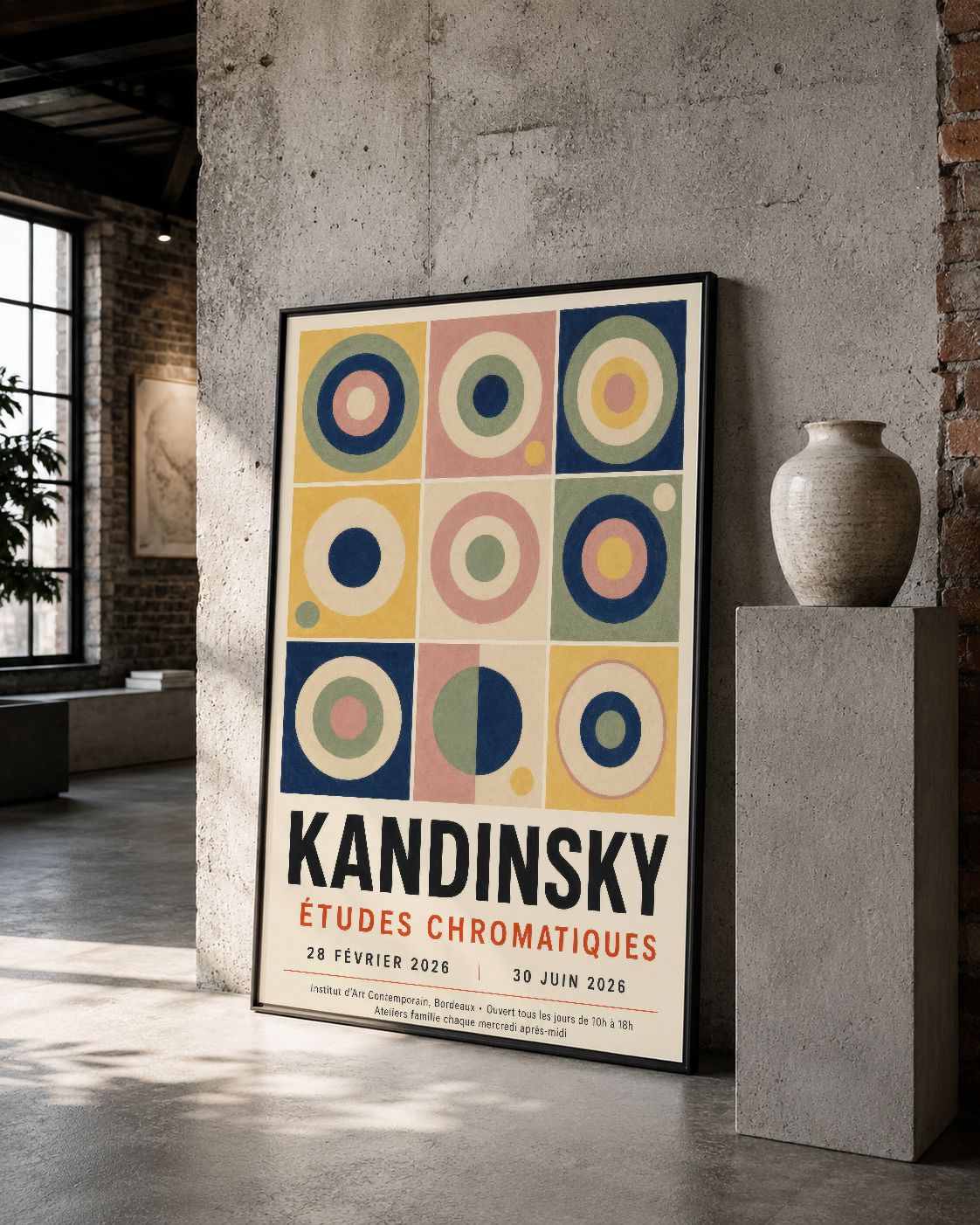 Siyah çerçeveli Kandinsky poster, çimentonun ham dokusunda çağdaş galeri atmosferi yaratıyor.