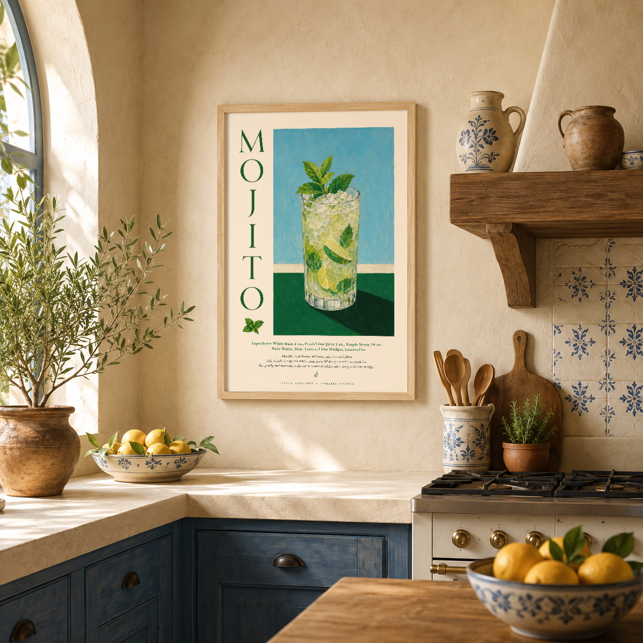 Mohito sanat posteri, ahşap çerçeveli, sıcak tonlarında dekore edilmiş mutfakta retro atmosfer ve zarif tasarım sunuyor.