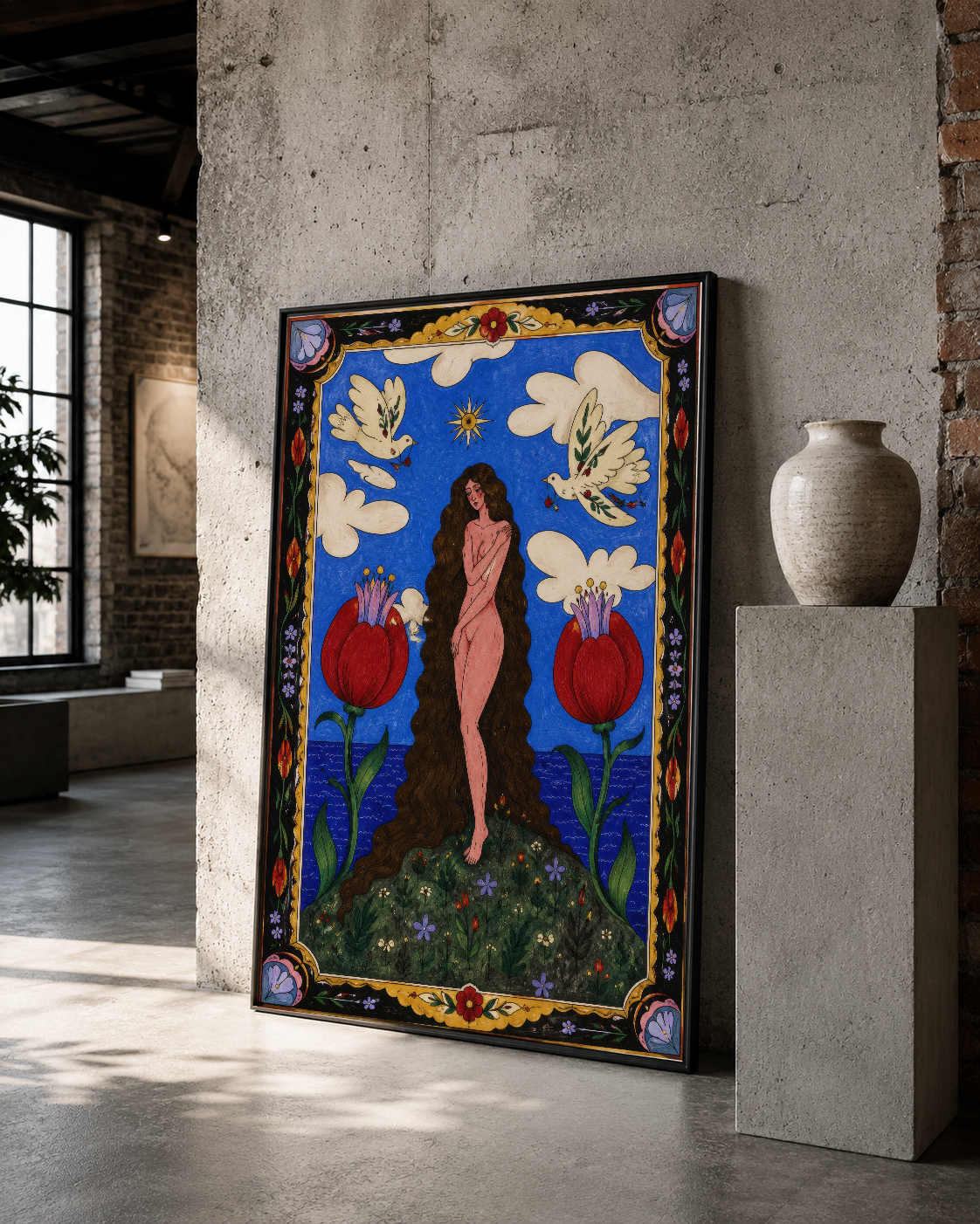 Dekoratif çerçeveli fantezi sanat tablosu, bulutlar ve çiçek tasarımı, endüstriyel mekan dekorasyonu.
