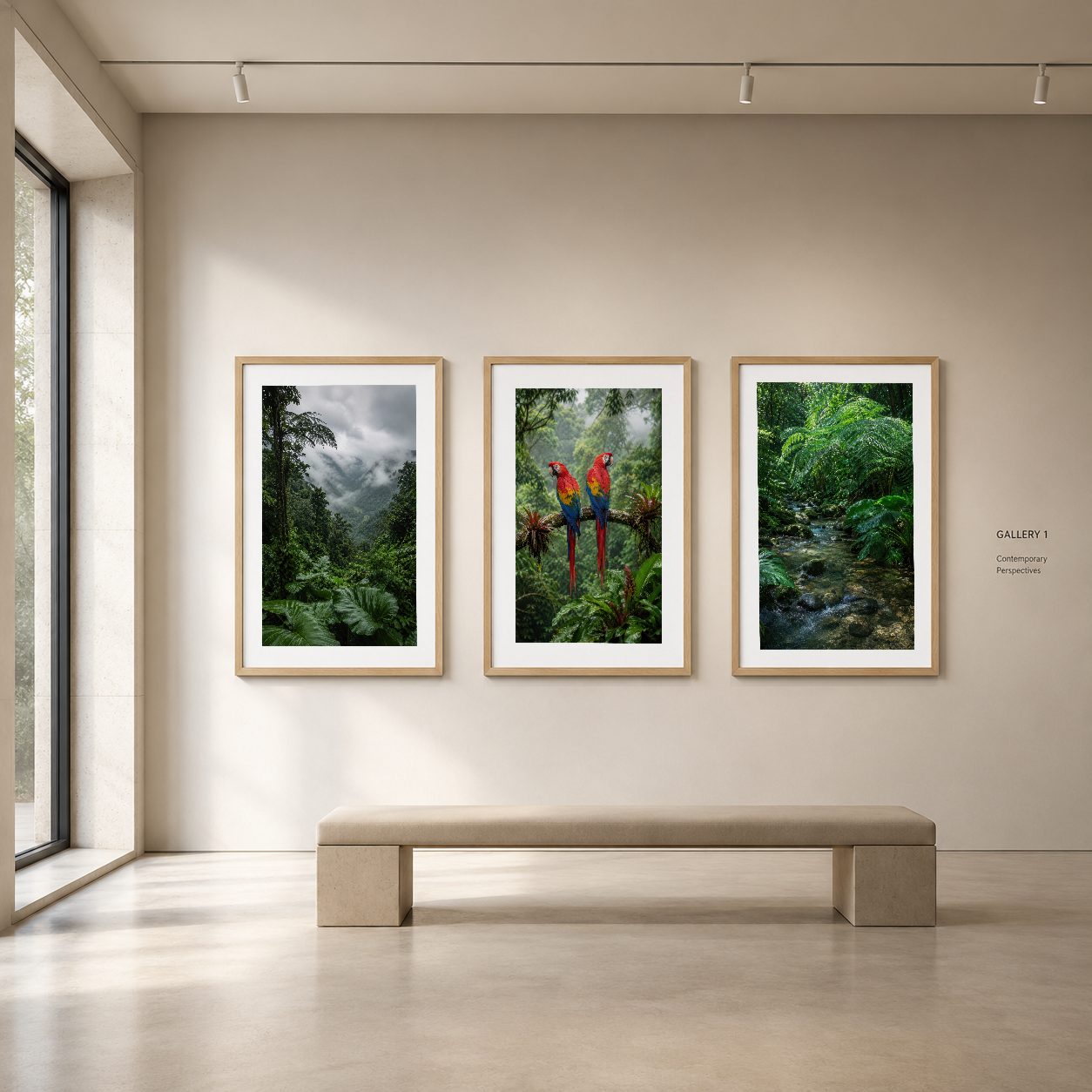 Doğa temalı üç panel tablo, ahşap çerçeveli şıklığıyla galeri benzeri mekanda sanat sergisi gibi görünüyor.