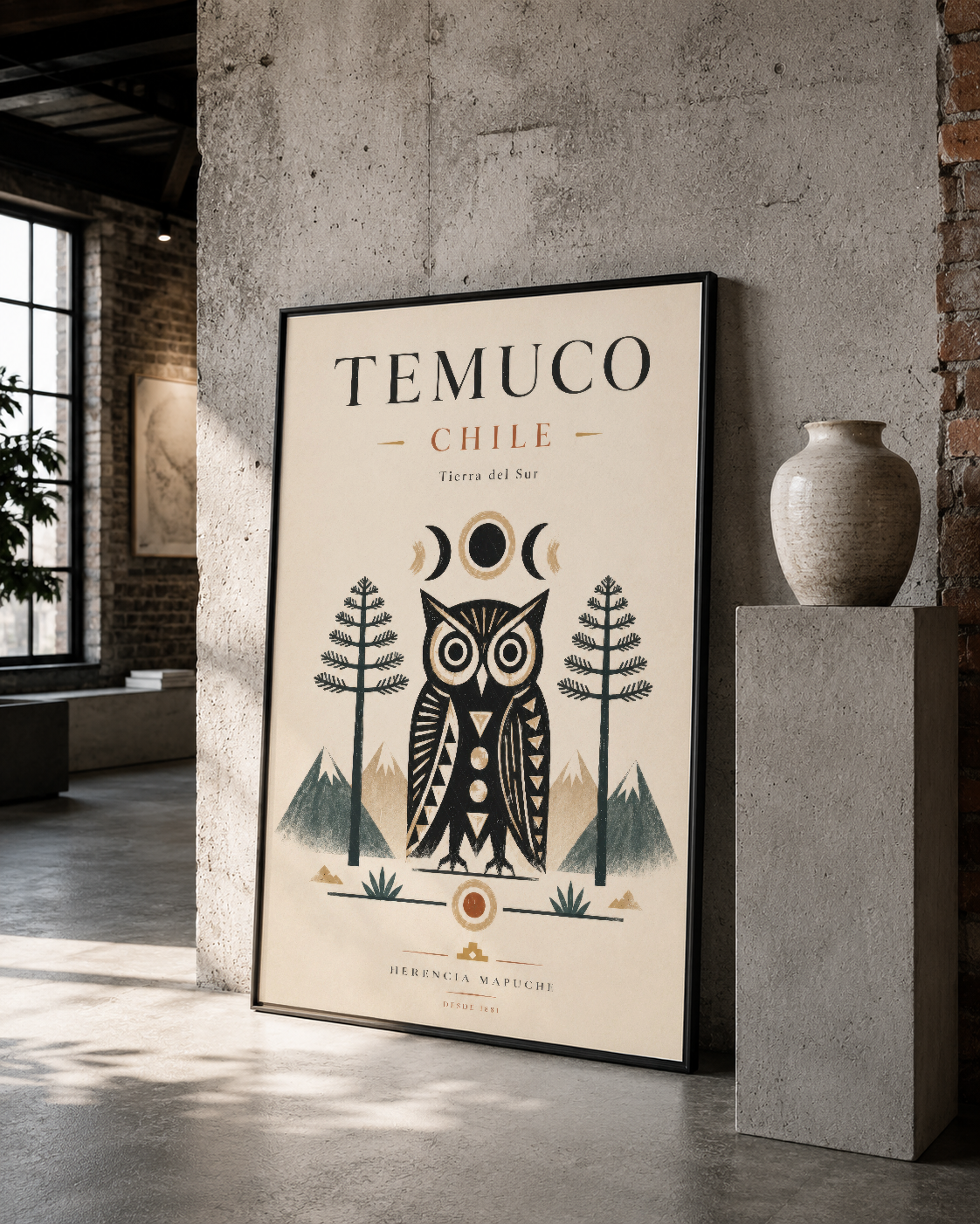 Temuco Chile baykuş ve ağaç desenli poster, siyah çerçevede industrial loft dekorasyonunda.