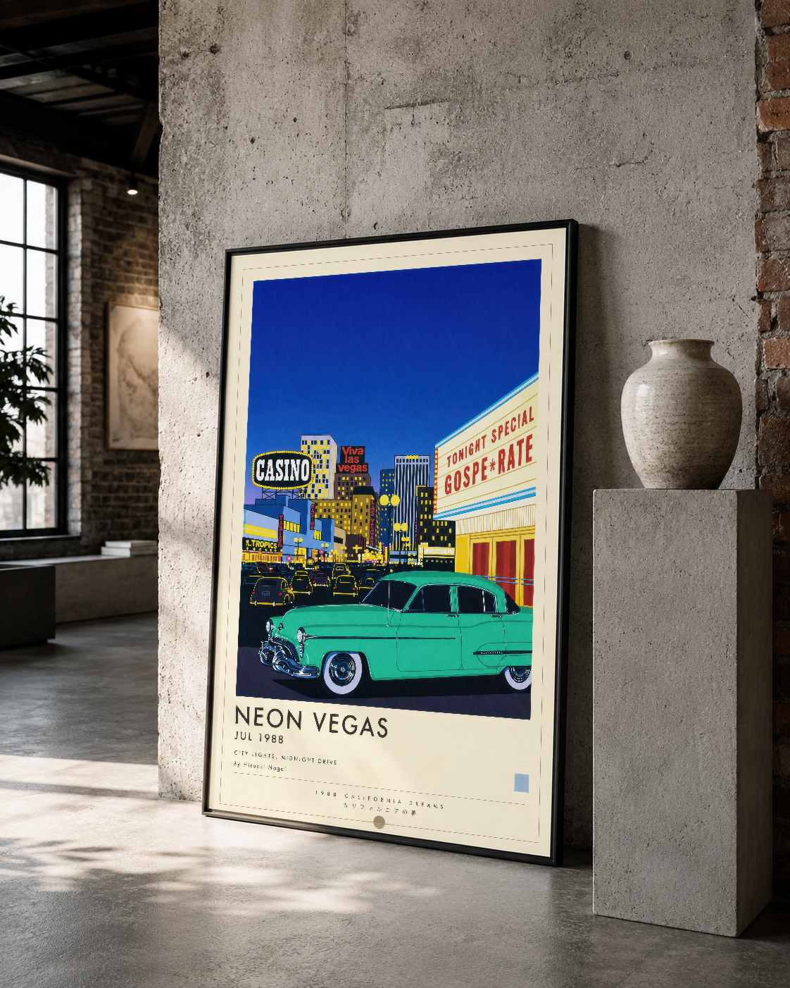 Neon Vegas posteri, art deco tasarımla turquoise 1950s araç ve parlak casino mimarisiyle nostalji yaratıyor.