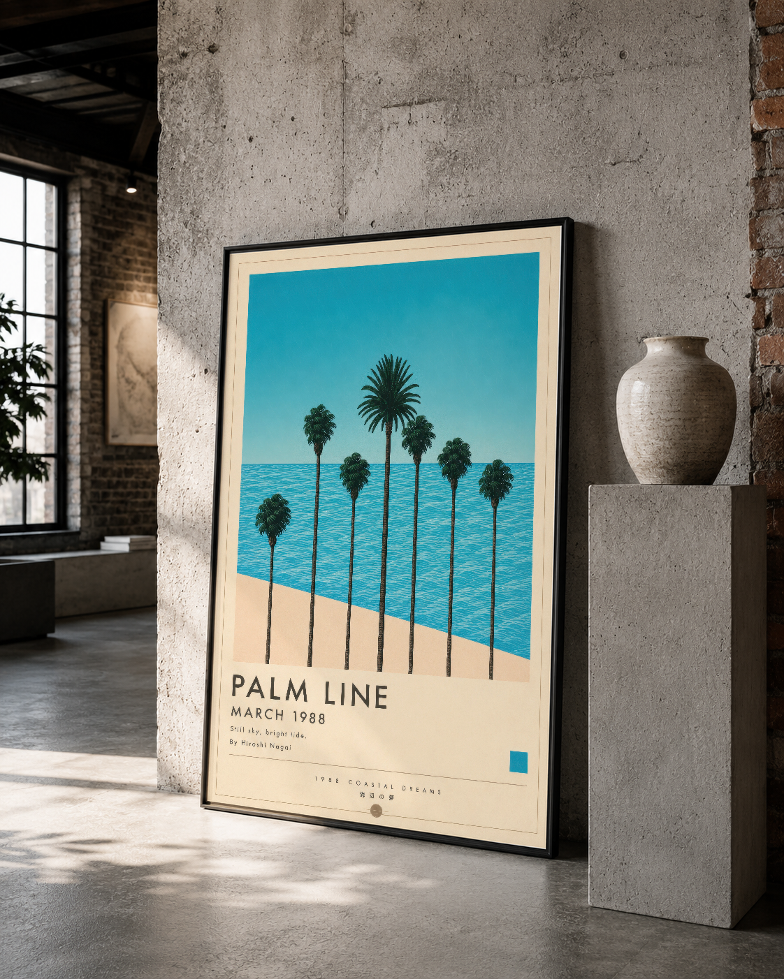 Siyah çerçeveli Palm Line posteri, şık interior tasarımıyla beton duvar üzerinde vurgu yapıyor.