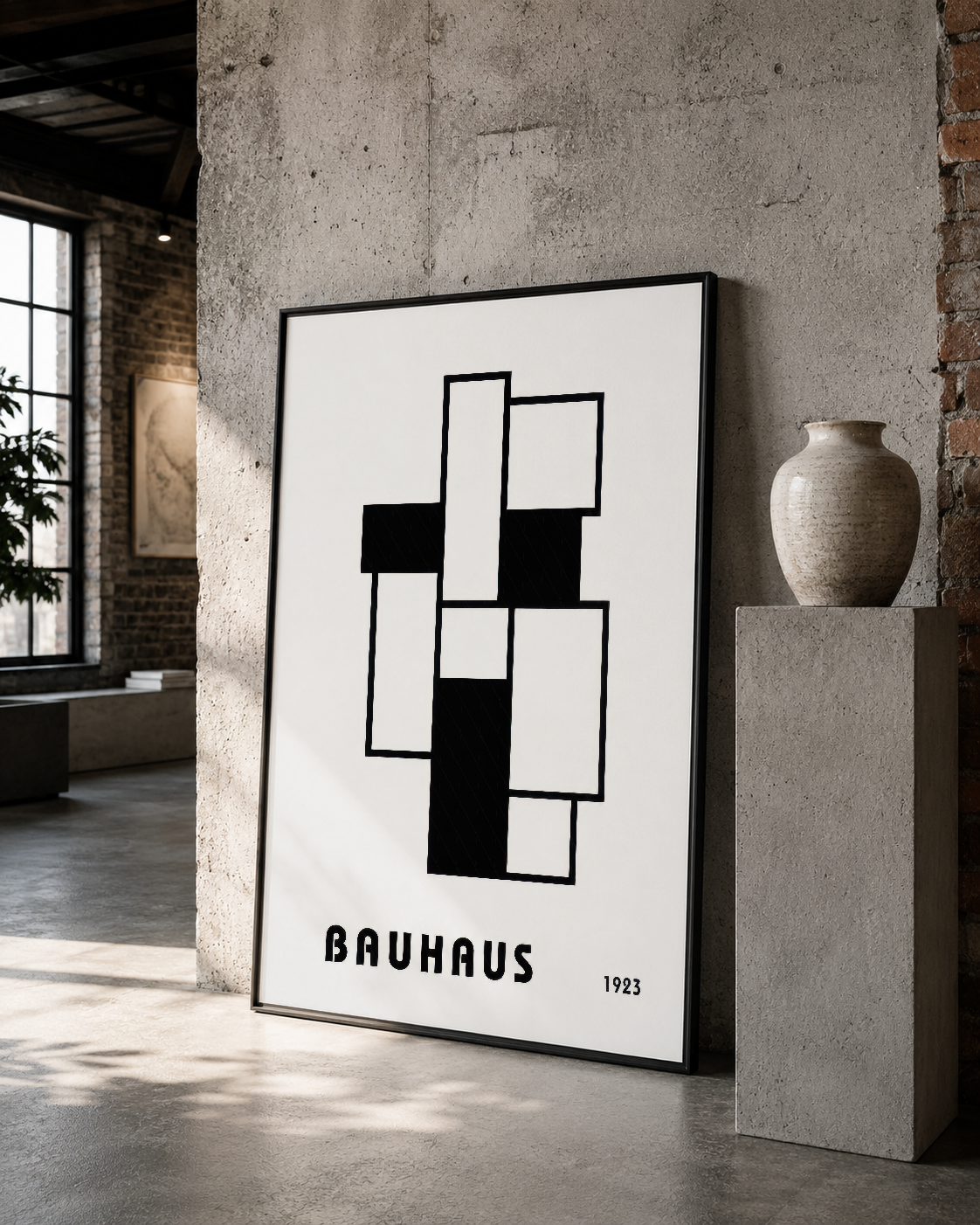 Bauhaus geometrik komposisyon, siyah çerçeveli poster şekilde çimento duvarındaki soyut dekoratif tablo.