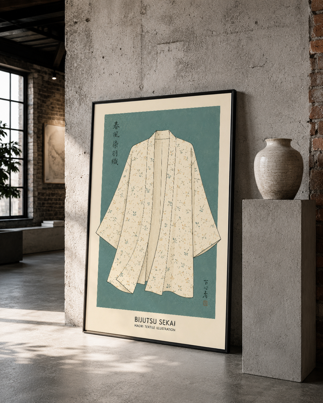 Geleneksel Japon tekstil desenli giysi görseli, siyah çerçeveli ve çağdaş galeri duvarına uyumlu dekoratif poster.