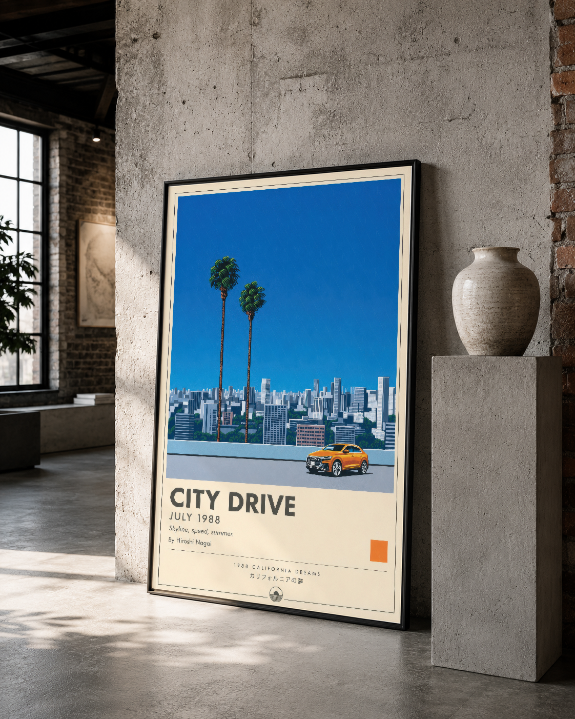 Çerçeveli City Drive posteri, loft stilinde taş duvarda, minimalist dekorasyon ortamında sergilenen retro sanat eseri.