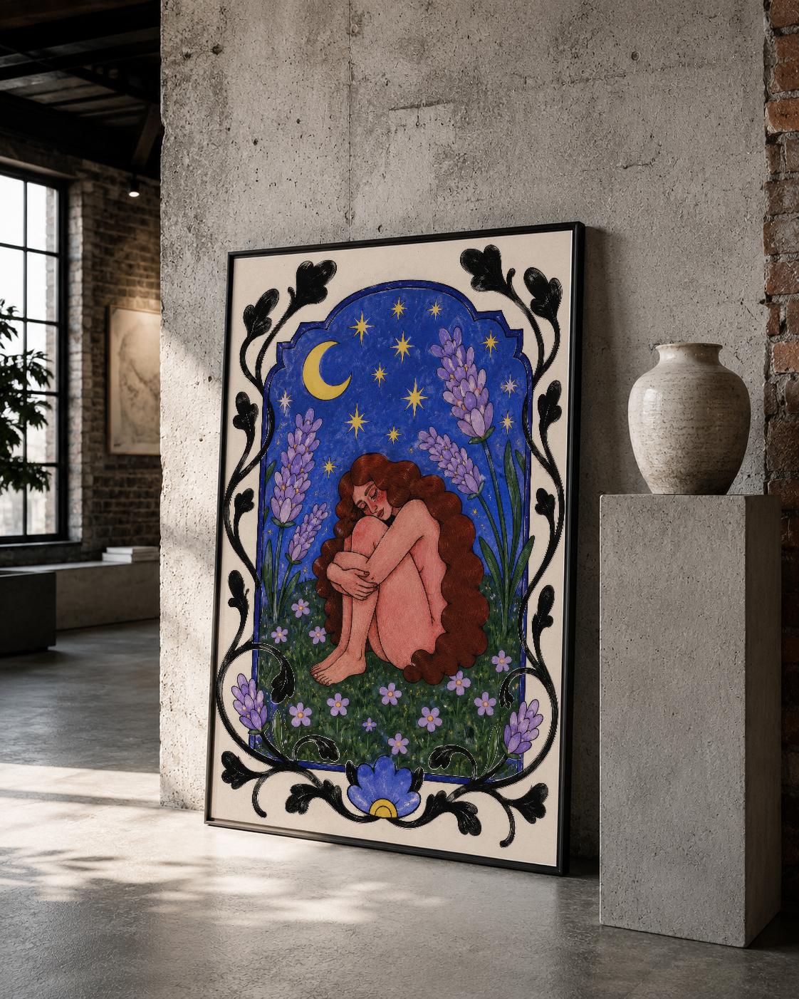 Gece gökyüzü ve bitki öğeleriyle tasarlanmış, modern çerçeveli poster.