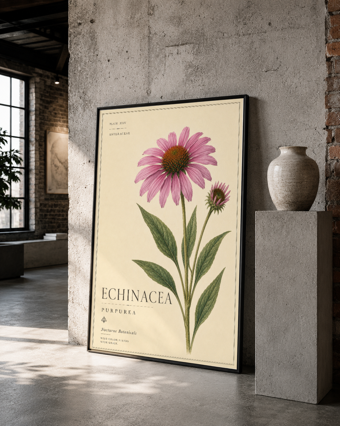 Siyah çerçeveli, ekinezya çiçeğinin detaylı botanik görseli ile endüstriyel mekanlara uygun poster.
