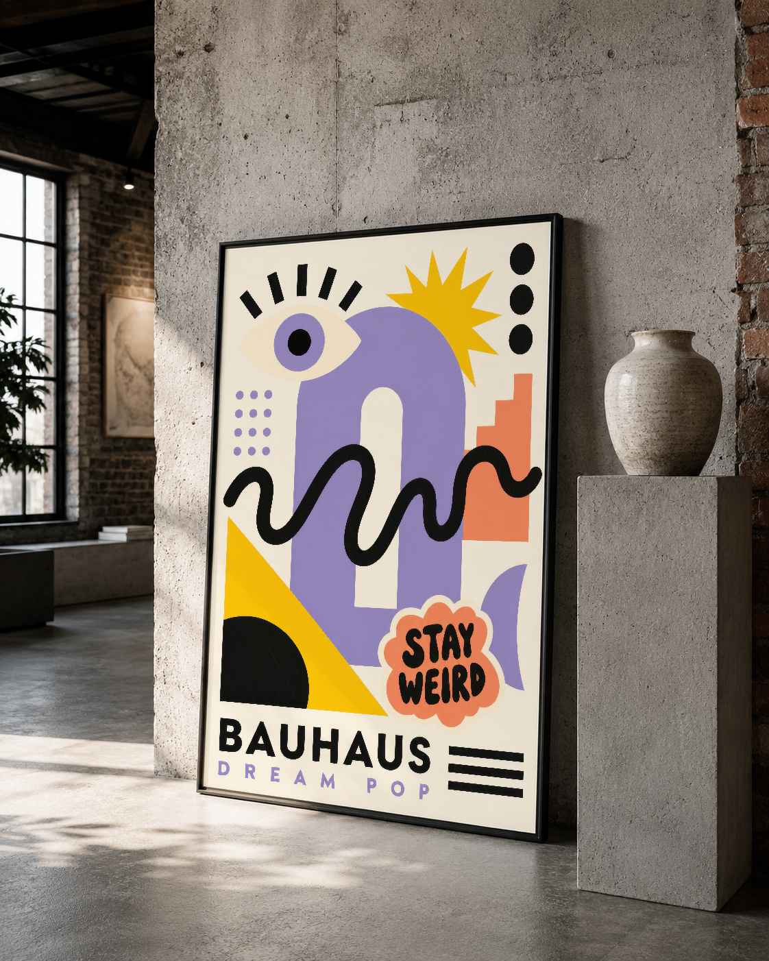 Bauhaus poster, siyah çerçevede renkli soyut tasarım ve Stay Weird mesajıyla loft stilindeki duvarı sanatlaştırıyor.