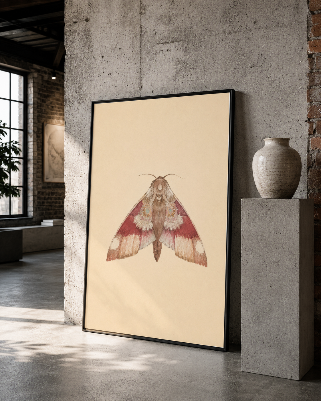 Botanik sanat tarzında detaylı güve ilustrasyonu, siyah çerçeveli, minimalist endüstriyel alanda.