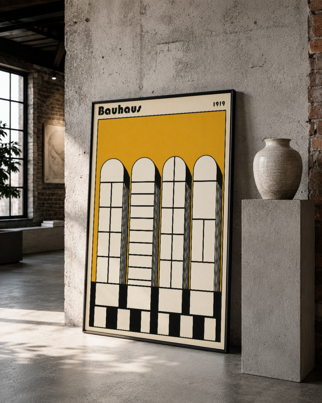 Siyah çerçeveli Bauhaus poster, sarı fonda stilize pencere görseli, modern dekorasyon.