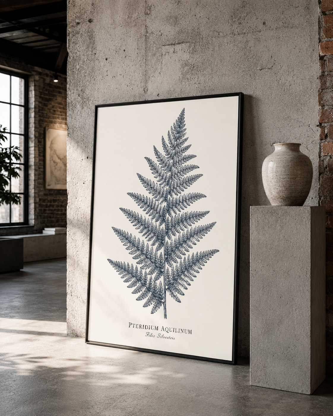 Klasik pteridium aquilinum eğrelti çizimi, siyah çerçeveli lüks duvar dekoru, vintage botanik tabloda doğal inspirasiyon.