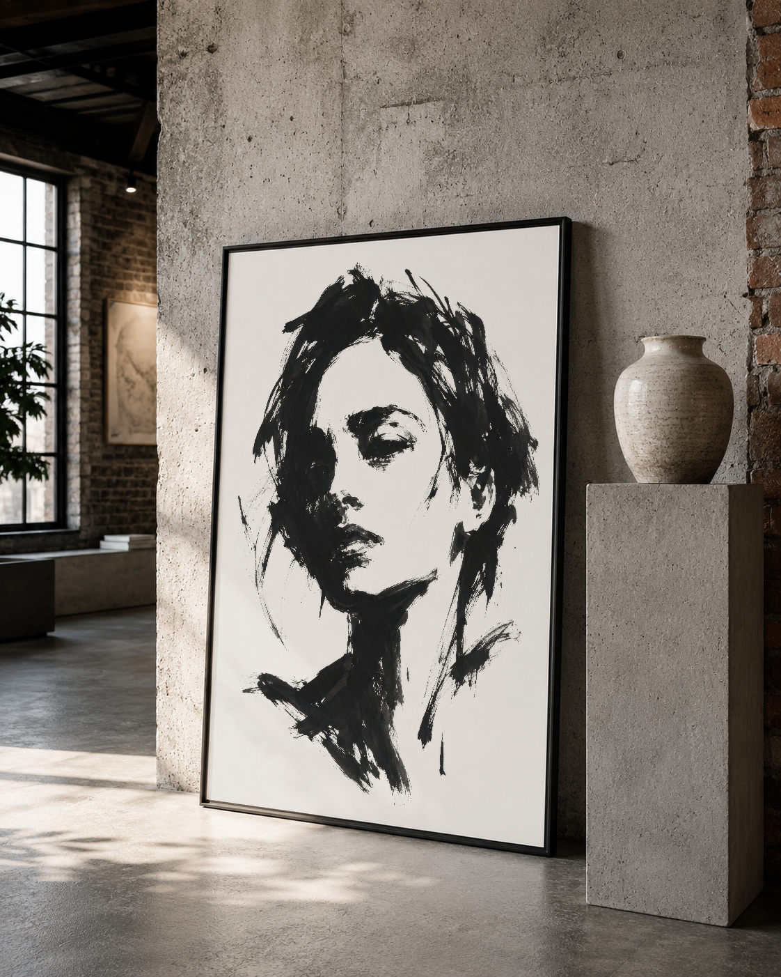 Ekspresif portre sanat eseri, siyah çerçeveli, modern minimalist iç tasarımda etkileyici bir duvar dekorasyonu.