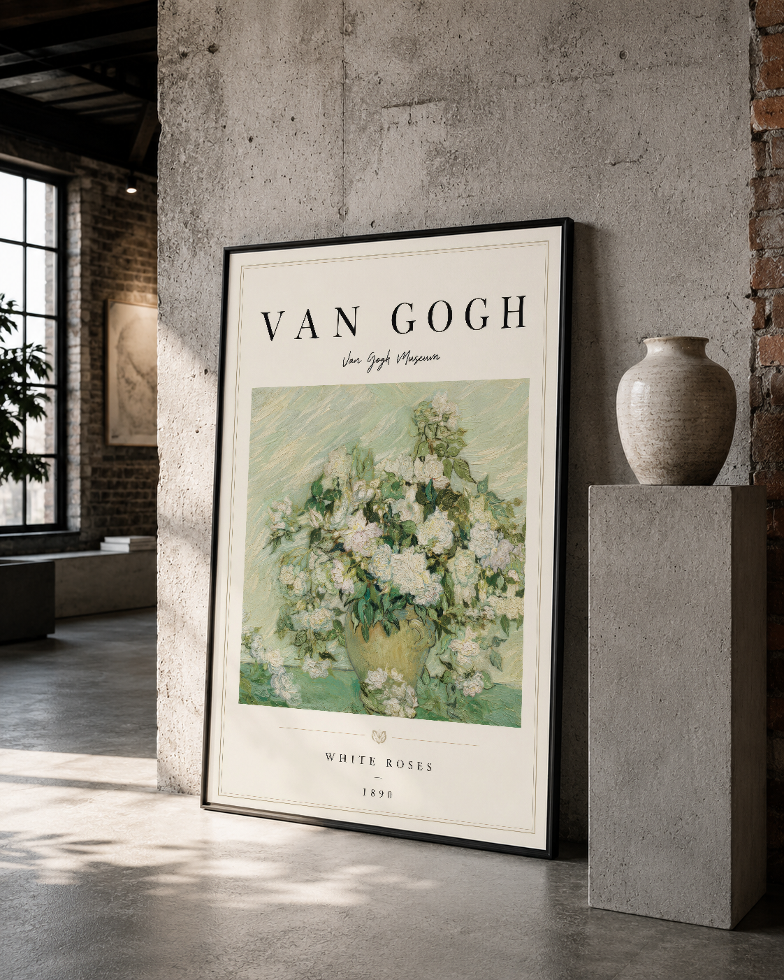 Siyah çerçeveli Van Gogh Beyaz Güller sanat tablosu, loft tarzı mekan dekorasyonunda güzel görünüyor.