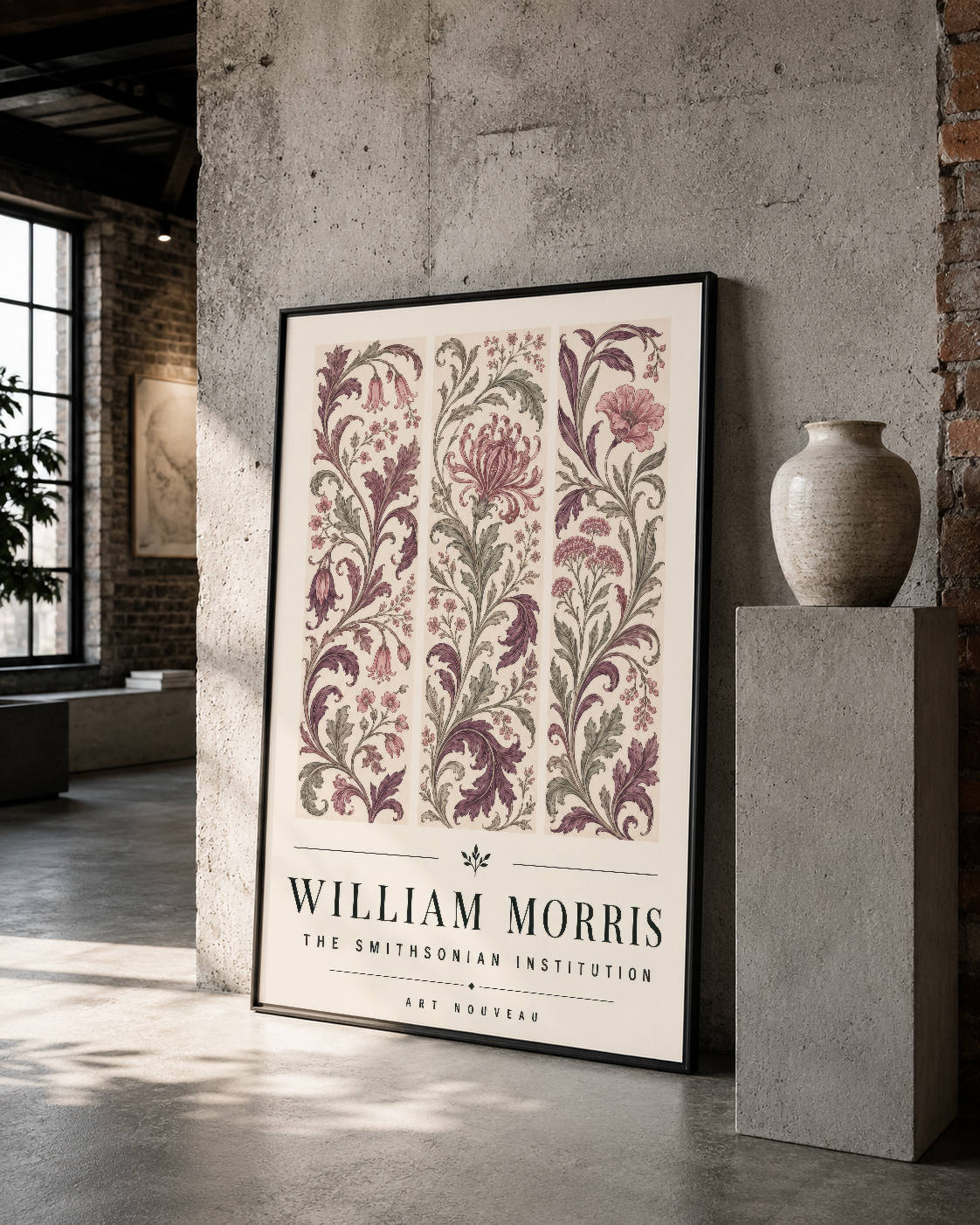 William Morris tablo siyah çerçeveli, vintage bitki desenleri, industrial mekanda sanat nesnesiyle birlikte.